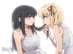  2girls black_hair blonde_hair bright_pupils camisole chinese_commentary closed_mouth commentary_request eye_contact hair_ribbon highres holding_another&#039;s_hair inoue_takina kissing_hair long_hair looking_at_another lycoris_recoil medium_hair multiple_girls nishikigi_chisato one_side_up purple_eyes red_eyes red_ribbon ribbon simple_background upper_body white_background white_camisole white_pupils yanlingjinshilihuahua yuri 