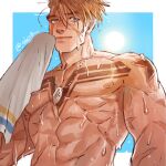  1boy abs afterglow bara from_below kurononekojyo large_pectorals looking_at_viewer luke_sullivan male_focus muscular muscular_male navel nipples pectorals smile solo street_fighter street_fighter_6 sweat thick_eyebrows upper_body very_sweaty wiping_sweat 