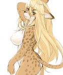  big_breasts black_nose blonde_hair breasts brown_fur cheetah feline female fur hair hand_behind_head kikurage long_hair looking_at_viewer mammal nude plain_background pose slim solo white_background white_fur yellow_eyes 