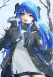  1girl :d absurdres arknights bare_tree black_jacket black_shorts blue_eyes blue_hair blush brown_wings commentary_request detached_wings fur-trimmed_jacket fur_trim halo highres horns jacket long_hair long_sleeves looking_at_viewer mini_wings mostima_(arknights) open_clothes open_jacket shirt shorts smile snow solo tree very_long_hair white_shirt wings yamijam 