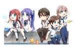  3boys aki_(neyuki41028) black_hair blue_eyes blue_hair brown_eyes brown_hair bubble can dress hiradaira_chisaki isaki_kaname kihara_tsumugu long_hair mukaido_manaka multiple_boys multiple_girls nagi_no_asukara paper_airplane sailor_collar sailor_dress sakishima_hikari school_uniform sea_slug serafuku short_hair side_ponytail soda_can starfish 