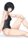  1girl absurdres amagami arm_support birthday black_hair black_one-piece_swimsuit blue_one-piece_swimsuit blush breasts closed_mouth commentary competition_school_swimsuit competition_swimsuit feet_out_of_frame from_side hand_on_own_knee highres jishaku_(user_rcuz2843) knee_up light_smile looking_at_viewer looking_to_the_side medium_breasts nanasaki_ai one-piece_swimsuit purple_eyes school_swimsuit short_hair simple_background sitting solo swimsuit two-tone_swimsuit white_background 