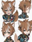  1boy animal_ear_fluff animal_ears annoyed aqua_eyes armor artist_name asymmetrical_sleeves bishounen blush brown_hair clenched_teeth closed_mouth commentary cropped_arms dog_boy dog_tail expressions from_side gaota genshin_impact gorou_(genshin_impact) hair_between_eyes hair_ornament heart highres japanese_clothes looking_at_viewer makeup male_focus multicolored_hair open_mouth pauldrons paw_print ribbon shoulder_armor simple_background smile tail tassel tassel_hair_ornament teeth two-tone_hair upper_body upper_teeth_only white_background white_hair yellow_ribbon 