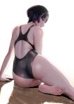  1girl ass back_cutout black_hair black_one-piece_swimsuit breasts brown_eyes clothing_cutout finalcake from_behind hand_on_own_hip highleg highleg_swimsuit highres looking_at_viewer looking_back one-piece_swimsuit reina_(tekken) short_hair simple_background sitting solo swimsuit tekken tekken_8 two-tone_swimsuit white_background 