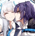  2girls absurdres blue_archive blue_necktie blush closed_mouth collared_shirt grey_hair halo highres jacket long_hair mechanical_halo multiple_girls necktie noa_(blue_archive) purple_eyes purple_hair shirt simple_background sstthei two_side_up white_background white_jacket white_shirt yuuka_(blue_archive) 