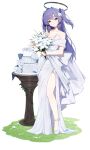  1girl absurdres alternate_costume bare_legs bare_shoulders blue_archive blush bouquet cake collarbone dress flower food full_body gnns halo highres holding holding_bouquet lily_(flower) long_hair purple_hair smile solo strapless strapless_dress two_side_up very_long_hair wedding_cake wedding_dress white_dress white_flower white_footwear yuuka_(blue_archive) 