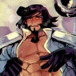  1boy abs ahoge artist_request bara bare_pectorals beard blush dark-skinned_male dark_skin drooling facial_hair full_beard gloves highres jacket large_pectorals looking_at_viewer lying male_focus mature_male muscular muscular_male nipples on_back open_clothes open_jacket pectorals pencil_mustache rashid_(street_fighter) solo street_fighter street_fighter_6 sweat 