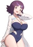  1girl :d blue_one-piece_swimsuit blush breasts brown_eyes cleavage collarbone commentary_request covered_navel gonzarez highres lab_coat large_breasts looking_at_viewer one-piece_swimsuit open_mouth philena_ivy pokemon pokemon_(anime) pokemon_(classic_anime) purple_hair short_hair simple_background smile solo swimsuit thighs white_background 