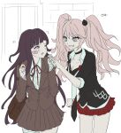  2girls :d ;o bandaged_hand bandages bandaid bandaid_on_cheek bandaid_on_face bear_hair_ornament black_choker black_shirt breasts brown_bag brown_jacket brown_skirt choker cleavage danganronpa:_trigger_happy_havoc danganronpa_(series) danganronpa_3_(anime) enoshima_junko grin hair_ornament highres hope&#039;s_peak_academy_school_uniform jacket microskirt miniskirt multiple_girls neck_ribbon official_alternate_costume one_eye_closed pointing pointing_at_another red_ribbon red_skirt ribbon school_uniform shirt skirt smile teeth yuju_(yuju1ike) 