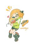  ! 1girl agent_4_(splatoon) bike_shorts black_footwear black_shorts blush commentary_request full_body green_jacket headphones heart highres hug inkling_girl inkling_player_character jacket kakakamiwed medium_hair one_eye_closed open_mouth orange_eyes orange_hair shoes shorts smile solo splatoon_(series) splatoon_2 squid woomy zapfish 