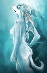  abstract_background anthro aster big_ears blue_eyes blue_hair braid breasts butt digitigrade ear_piercing female frown fur hair long_ears looking_at_viewer looking_back mammal nipples notched_ear nude nudge_hound piercing plain_background solo spots twistedhound two_tone_hair white_fur white_hair 