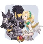  2girls ancient_greek_clothes armor black_hair blonde_hair blue_eyes closed_mouth colored_skin facepaint greco-roman_clothes height_difference korean_commentary looking_at_another mercy_(overwatch) multiple_girls official_alternate_costume overwatch overwatch_1 overwatch_2 ponytail signature simple_background ssaknanda white_wings winged_victory_mercy wings yellow_eyes yellow_skin yuri 
