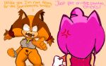 amy_rose bodily_fluids brown_body brown_fur clothed clothing cum cum_from_nose cum_in_nose cum_inside duo female fur genital_fluids genitals gesture hand_gesture hi_res multicolored_body multicolored_fur no_underwear oiamoeyh orange_body orange_fur pink_body pink_fur pointing pointing_at_another pussy sega sonic_boom sonic_the_hedgehog_(series) sticks_the_jungle_badger upskirt yelling