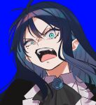  1girl ado_(utaite) angry ascot black_ascot blue_background blue_eyes blue_flower blue_hair blue_rose chando_(ado) cloud_nine_inc collared_shirt commentary floating_hair flower flower_brooch highres long_hair looking_at_viewer mole mole_under_eye open_mouth riseno rose shirt sidelocks simple_background solo teeth upper_body upper_teeth_only utaite white_shirt wide-eyed 