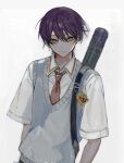  1boy absurdres bishounen closed_mouth cowboy_shot grey_eyes highres kenmochi_touya looking_at_viewer male_focus necktie nijisanji purple_hair red_necktie school_uniform short_hair simple_background solo tunena_mi virtual_youtuber white_background 