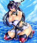  black_hair blush breasts cleavage collar gao_(naodayo) gloves kantai_collection large_breasts long_hair nagato_(kantai_collection) ocean open_mouth red_eyes sea skirt tears thighhighs torn_clothes water 