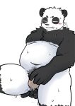 2024 anthro balls bear belly black_body black_nose blush eyes_closed fingering fingering_self genitals giant_panda hi_res japanese_text kemono male mammal masturbation moobs navel overweight overweight_male simple_background solo text tobyou_222 white_background white_body