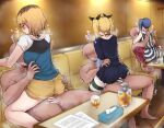  3boys 3girls alcohol ass black_dress black_ribbon blonde_hair blue_hair blurry booth_seating brown_hair clothed_female_nude_male clothes_pull commentary_request cup depth_of_field dress hair_ribbon hetero highres imai_midori indoors long_hair miyamori_aoi multicolored_hair multicolored_shirt multiple_boys multiple_girls nude paid_reward_available pantyhose pantyhose_pull pencil_skirt print_pantyhose red_pantyhose ribbon roots_(hair) sex shirobako short_dress short_hair side_ponytail skirt straddling striped_clothes striped_dress striped_thighhighs tahita1874 thighhighs tiptoes tissue_box twintails upright_straddle vertical-striped_clothes vertical-striped_dress yano_erika yellow_skirt 