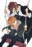  2boys bandage_over_one_eye bandaged_arm bandaged_neck bandages blue_eyes brown_hair bungou_stray_dogs closed_eyes coat coat_on_shoulders dazai_osamu_(bungou_stray_dogs) highres hood hoodie jacket leather leather_jacket multiple_boys nakahara_chuuya orange_hair rinu smile standing_on_swing suit swing white_background 