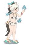  1girl aardwolf_(kemono_friends) aardwolf_print absurdres animal_print appleq arm_at_side bangs bare_arms bare_shoulders barefoot_sandals bikini bikini_under_clothes bird black_hair blush bow breasts buttons cleavage commentary_request extra_ears eyebrows_visible_through_hair eyes_closed flying flying_sweatdrops front-tie_bikini front-tie_top full_body grey_hair hair_between_eyes hair_bow hand_up happy high_ponytail highres jewelry kemono_friends long_hair motion_lines multicolored_hair navel open_clothes open_fly open_mouth open_shorts pendant ponytail print_bikini print_shorts print_swimsuit pulling sandals shell shell_necklace shorts sidelocks simple_background small_breasts smile stomach string_pull swimsuit swimsuit_under_clothes toes two-tone_hair unbuttoned walking white_background wristband |d 