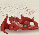 adjusting_glasses book_on_lap dragon eyewear feral glasses looking_at_viewer lounging male mr._mordaut mythological_creature mythological_scalie mythology nude pinup pose red_body red_scales runescape scales scalie seductive solo teacher text watermark zinthings