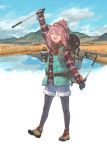  1girl :d arm_up backpack bag belt cloud eyes_closed fingerless_gloves full_body gloves hat highres holding iwauchi_tomoki kagamihara_nadeshiko landscape open_mouth outdoors pantyhose pantyhose_under_shorts pink_hair plaid plaid_shirt shirt shorts sky smile solo thermos trekking_pole vest water yurucamp 