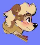 2023 anthro black_nose blue_background blue_eyes blush brown_body brown_eyebrows brown_fur canid canine colored_sketch digital_drawing_(artwork) digital_media_(artwork) eyebrows fur head_tuft headshot_portrait male mammal maple_(maple_syrup_art) pink_blush portrait raccoon_dog side_view simple_background sketch smile snout solo tan_body tan_fur tansydrawsnsfw tanuki tuft