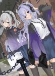  2girls anchor_necklace back-to-back bag black_thighhighs blue_eyes blue_hair blue_skirt chain collared_shirt dress_shirt dutch_angle fake_horns feet_out_of_frame grey_eyes grey_hair hair_rings happi headphones highres horned_headwear horns i-201_(kancolle) i-203_(kancolle) japanese_clothes jewelry kantai_collection light_blue_hair long_hair low_twintails miron_(mirona33) multiple_girls necklace official_alternate_costume pleated_skirt purple_happi shirt shopping_bag skirt thighhighs twintails white_shirt 