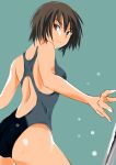  1girl amagami ass back_cutout black_eyes black_hair black_one-piece_swimsuit blue_one-piece_swimsuit closed_mouth clothing_cutout competition_swimsuit looking_at_viewer looking_back murasaki_iro nanasaki_ai one-piece_swimsuit short_hair solo swimsuit two-tone_swimsuit 