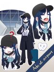  1girl ? ado_(utaite) aircraft airplane airport baseball_cap belt black_belt black_bow black_bowtie black_coat black_footwear black_headwear black_mask black_pants blue_eyes blue_hair boots bow bowtie chando_(ado) closed_mouth cloud_nine_inc coat collared_shirt colored_inner_hair commentary cropped_torso dress_shirt english_text gloves hat highres light_blue_hair long_sleeves mask mask_pull mole mole_under_eye mouth_mask multicolored_hair multiple_views nemmu_(nono_bindd) open_clothes open_coat open_mouth outline pants rolling_suitcase shirt sidelocks spoken_question_mark suitcase sweatdrop symbol-only_commentary teeth tooth two-tone_hair upper_body upper_teeth_only utaite watch white_gloves white_outline white_shirt wristwatch yawning 