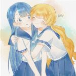  2girls 7026jaja aoi_(ado) blonde_hair blue_eyes blue_hair blue_neckerchief blue_sailor_collar blue_skirt blush chinese_commentary chinese_text cloud_nine_inc collarbone commentary_request highres himawari_(ado) hinata_(ado) hug long_hair low_twintails multiple_girls neckerchief parted_lips pleated_skirt sailor_collar school_uniform serafuku shirt short_sleeves skirt translation_request twintails twitter_username white_background white_shirt yuri 