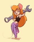 2024 anthro breasts chip_&#039;n_dale_rescue_rangers clothing disney feet female fluttershythekind fur gadget_hackwrench hair hi_res long_hair looking_at_viewer mammal midriff mouse murid murine narrowed_eyes orange_hair overalls rodent shirt solo stained_clothing standing tan_body tan_fur tank_top tools topwear wrench