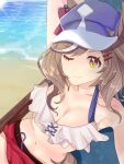  1girl absurdres alternate_costume animal_ears arm_up armpits beach beach_chair blue_headwear blush breasts cabbie_hat cleavage commentary_request ears_through_headwear hat highres horei_tsuna horse_ears horse_girl lens_flare matikane_tannhauser_(umamusume) medium_breasts navel ocean one_eye_closed outdoors sand smile solo umamusume water yellow_eyes 