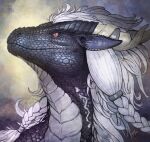 abstract_background ambiguous_gender detailed dragon feral glistening glistening_eyes grey_body grey_scales hair hi_res horn khyaber mouth_closed mythological_creature mythological_scalie mythology orange_eyes scales scalie solo white_body white_hair white_scales