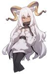  1girl absurdres animal_ears arknights beeswax_(arknights) beudelb black_pantyhose blush brown_eyes closed_mouth commentary_request cropped_legs dark-skinned_female dark_skin grey_hair hair_between_eyes highres horns long_hair long_sleeves looking_at_viewer pantyhose puffy_long_sleeves puffy_sleeves simple_background sleeves_past_wrists solo sweater very_long_hair white_background white_sweater 