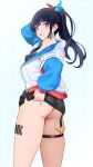  1girl absurdres arm_behind_head arm_up ass black_hair black_skirt blue_eyes breasts clothes_lift commentary cowboy_shot floating_hair from_side gibun_(sozoshu) gridman_universe gridman_universe_(film) hair_ribbon highres jacket leg_tattoo lifted_by_self light_blush long_hair long_sleeves looking_at_viewer medium_breasts miniskirt official_alternate_costume official_alternate_hairstyle parted_lips polka_dot polka_dot_background ponytail puffy_long_sleeves puffy_sleeves ribbon single_bare_shoulder skindentation skirt skirt_lift solo ssss.gridman standing takarada_rikka tattoo thigh_strap thighs turning_head underbutt white_jacket 