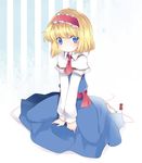  alice_margatroid bad_id bad_pixiv_id barefoot blonde_hair blue_eyes capelet dress dress_shirt hairband hammer_(sunset_beach) long_sleeves ribbon sash shirt short_hair sitting solo spool string thread touhou 