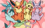 3_fingers 3_toes ambiguous_gender bed bed_sheet bedding black_nose blue_body blue_eyes blue_fur blush brown_eyes eeveelution espeon feet female feral fingers flareon fur furniture generation_1_pokemon generation_2_pokemon generation_4_pokemon glaceon group leafeon looking_at_viewer nightdazed nintendo paws pokemon pokemon_(species) purple_body purple_eyes purple_fur red_body red_fur simple_background spread_legs spreading tan_body tan_fur toes