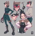  1girl absurdres artist_name batman_(series) black_bodysuit black_footwear bodysuit brown_headwear catwoman commentary dc_comics full_body highres holding holding_whip hood hoodie jacket multicolored_hair open_clothes open_jacket phfreitas_art pink_hair redesign selina_kyle simple_background solo standing streaked_hair 