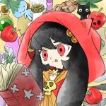  1girl animal_ear_hood apple ashley_(warioware) black_cat black_choker black_hair book cat choker food fruit hair_ornament holding holding_book hood hoodie long_hair official_art red_eyes red_hoodie skull_ornament takeuchi_kou third-party_source tongue tongue_out warioware warioware:_get_it_together! 