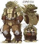  big_muscles clothing fangs gloves inubiko japanese_text knee_pads lizard male muscles pants plain_background pose reptile scales scalie solo suspenders teeth text white_background 