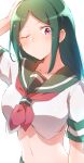  1girl absurdres arm_at_side arm_up breasts closed_mouth collarbone crop_top eyes_visible_through_hair green_hair green_sailor_collar hand_on_own_head highres large_breasts long_hair looking_at_viewer lv1_maou_to_one_room_yuusha maou_(lv1_maou_to_one_room_yuusha) midriff navel neckerchief nyaa_(nnekoron) one_eye_closed red_eyes red_neckerchief sailor_collar school_uniform serafuku short_sleeves sidelocks simple_background solo standing upper_body white_background white_serafuku 
