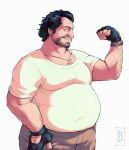  1boy abs adachi_koichi alternate_muscle_size arm_hair bara beard_stubble covered_navel cowboy_shot facial_hair fat fat_man flexing gloves grey_hair highres large_pectorals mature_male mustache_stubble navel navel_hair old old_man pants pectorals profile ryuu_ga_gotoku_(series) ryuu_ga_gotoku_7 shirt short_hair solo stubble syrupmancer t-shirt wrinkled_skin 