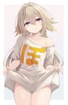  1girl absurdres bare_shoulders blonde_hair breasts brown_hair closed_mouth clothes_writing collarbone commentary_request grey_background groin hair_between_eyes hair_intakes head_tilt highres ieiri_popo long_hair multicolored_hair nanashi_inc. off_shoulder purple_eyes shirt shirt_hold short_sleeves small_breasts smile solo streaked_hair temari_rin two-tone_background very_long_hair white_background white_shirt 