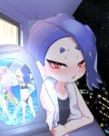  amakusa_setoka balcony bikini black_tank_top blue_hair blush cellphone cephalopod_eyes city_lights harmony_(splatoon) highres holding holding_phone looking_at_viewer phone red_eyes shiver_(splatoon) splatoon_(series) splatoon_3 swimsuit tank_top tentacle_hair towel towel_around_neck 