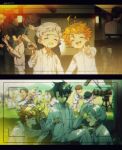  2girls 6+boys black_hair character_request collared_shirt conny_(yakusoku_no_neverland) don_(yakusoku_no_neverland) emma_(yakusoku_no_neverland) glasses highres indoors long_sleeves m_m_pb multiple_boys multiple_girls norman_(yakusoku_no_neverland) open_mouth orange_hair outdoors phil_(yakusoku_no_neverland) ray_(yakusoku_no_neverland) script shirt short_hair smile video_camera white_hair yakusoku_no_neverland 