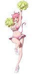  1girl :d ahoge animal_ears arm_up bare_shoulders blush breasts cat_ears cat_tail cheerleader cleavage commentary full_body green_eyes hantata highres large_breasts looking_at_viewer navel pink_hair pleated_skirt pom_pom_(cheerleading) remind shoes short_hair simple_background skirt smile sneakers solo sports_bra standing standing_on_one_leg star_sticker sticker_on_stomach stomach tail virtual_youtuber white_background white_footwear 