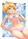  ayase_eli bikini blonde_hair blue_eyes breasts day food long_hair love_live! love_live!_school_idol_project o-ring o-ring_top parfaitlate ponytail popsicle small_breasts solo striped striped_bikini swimsuit 