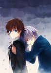  blue_eyes brown_hair cloud cloudy_sky hood hooded_jacket hug hug_from_behind jacket kakumeiki_valvrave l-elf looking_back male_focus multiple_boys open_mouth purple_eyes school_uniform silver_hair sky takerusilt tokishima_haruto uniform 