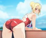  1girl angelica_rafa_redgrave anime_coloring antenna_hair arm_rest armpit_crease ass back_cutout bare_arms blonde_hair blurry blurry_background breasts brick_wall bright_pupils closed_mouth clothing_cutout cloud competition_swimsuit day hair_bun leaning_forward looking_at_viewer looking_back medium_breasts monteriakitto one-piece_swimsuit otome_gee_sekai_wa_mob_ni_kibishii_sekai_desu outdoors red_eyes red_one-piece_swimsuit short_hair sidelocks sky solo standing swimsuit thighs white_pupils 